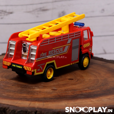 The fire truck toy with a yellow ladder and comes with a complimentary jute pouch for storage.