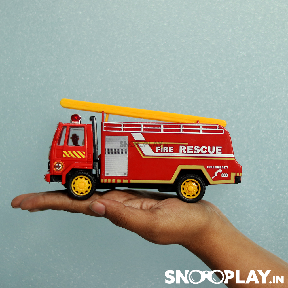 The fire truck toy with a pull back feature, of length approx 8.2 inches.