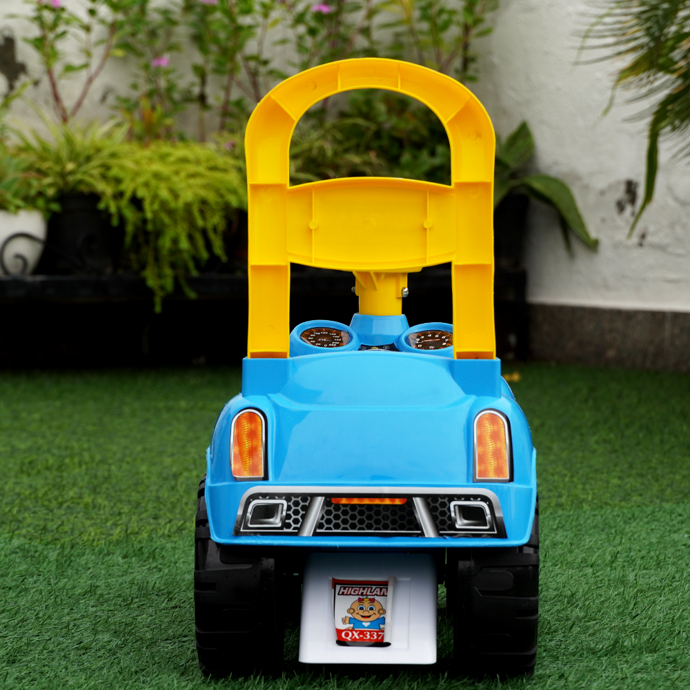 The blue-yellow coloured push along toy for toddlers, Highland Jeep, with back support.