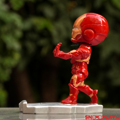 Left view of the fictional superhero, Iron Man bobblehead, for car decor and phone stand.