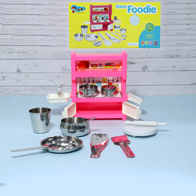 Nano Foodie Kitchenware Set (Kitchen Set for Kids with Wash Basin, Shelf & Stainless Steel Utensils)