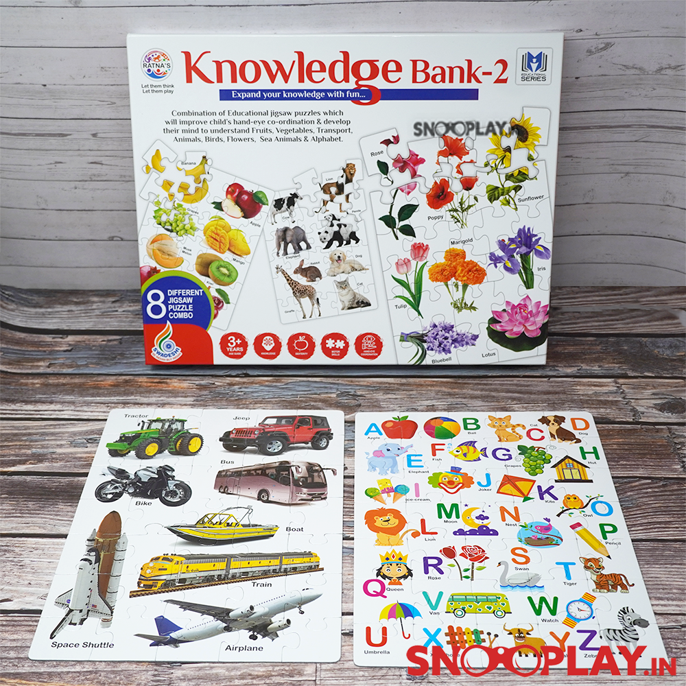 Knowledge bank educational game that contains different kinds of puzzle combination including birds, fruits, vegetables, transport, animals, sea animals and alphabets. 