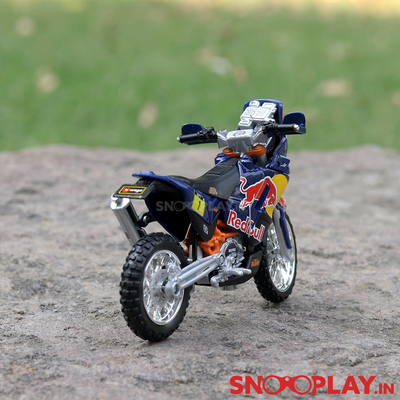The back side of the KTM 450 Rally dirt bike scale model with great detailing.