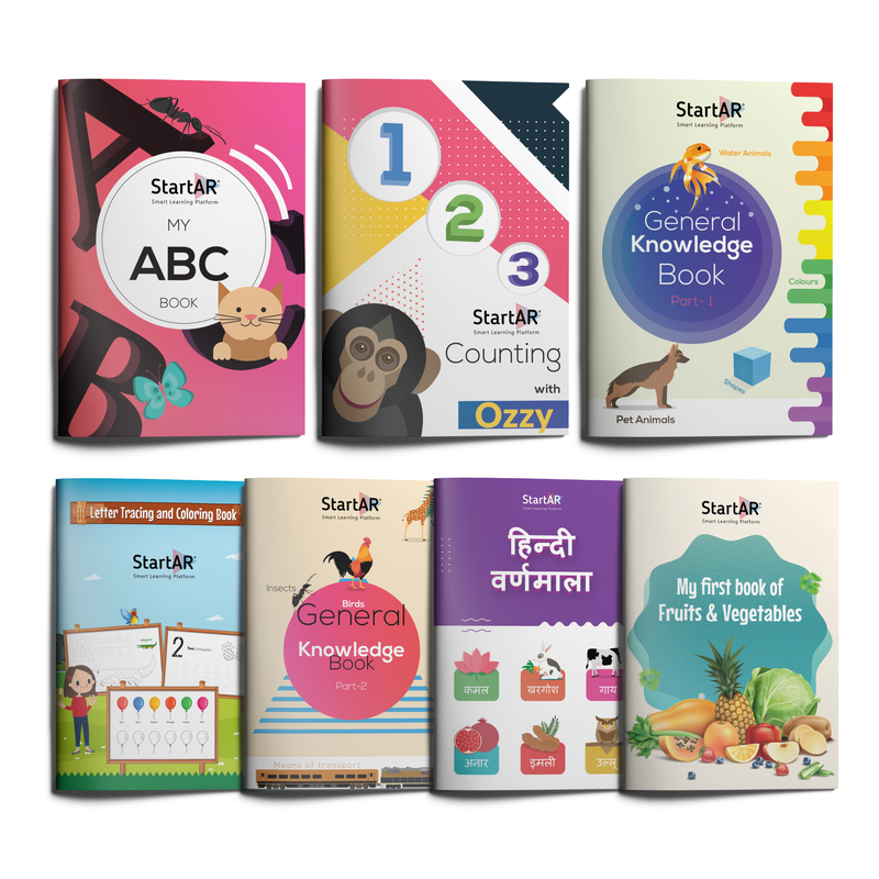 StartAR Smart Learning Books Based on Augmented reality for toddlers - Home School kit of 7 Books, ABC, Hindi Varnmala, Counting, General Knowledge-1 & 2, Fruits & Vegetables, Coloring Book.