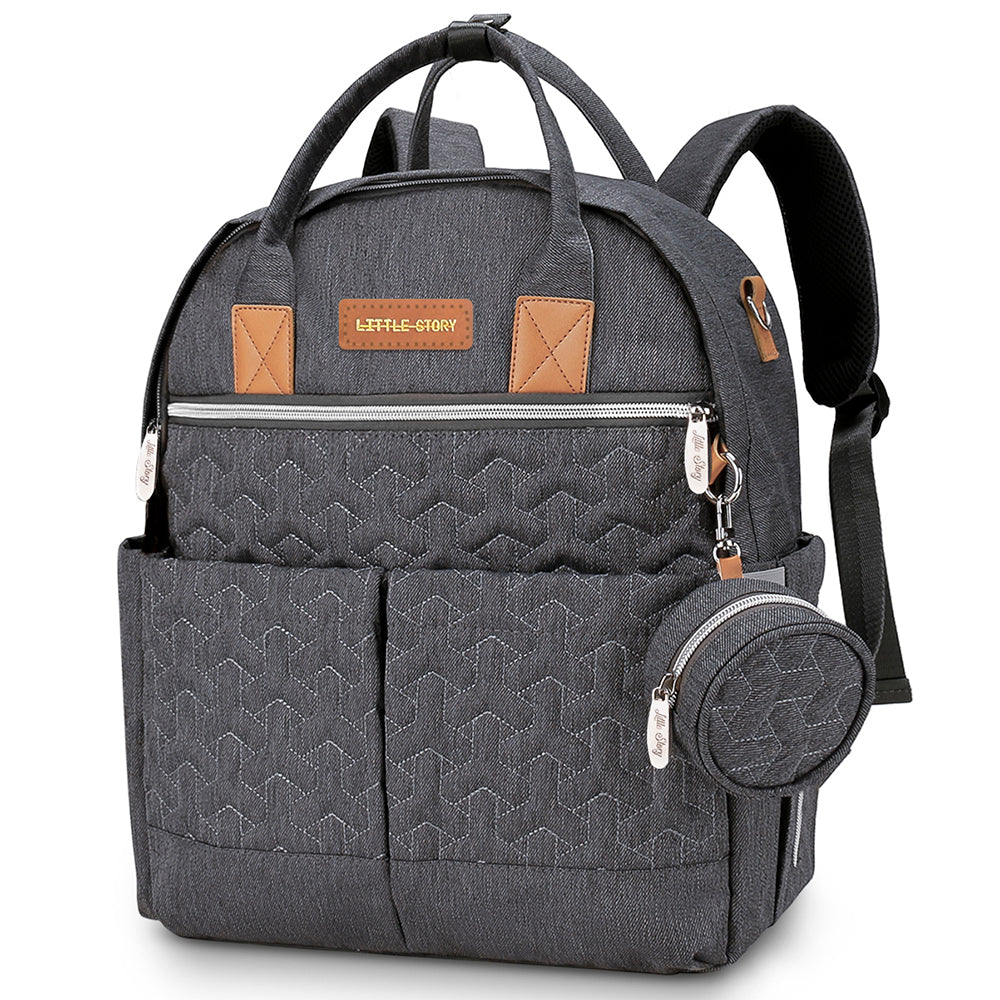 Quilted Diaper Backpack with Pacifier bag and Stroller hooks - Grey