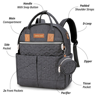 Quilted Diaper Backpack with Pacifier bag and Stroller hooks - Grey