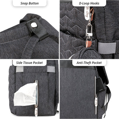 Quilted Diaper Backpack with Pacifier bag and Stroller hooks - Grey