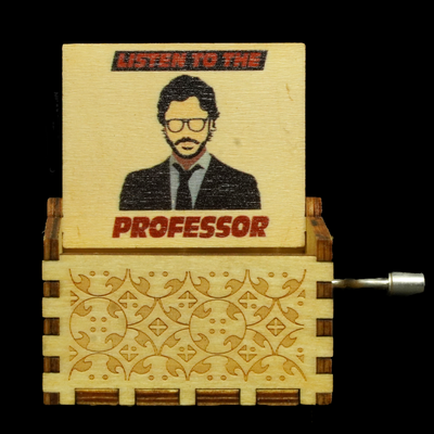 The cover of the money heist wooden musical box which has the image of the professor.