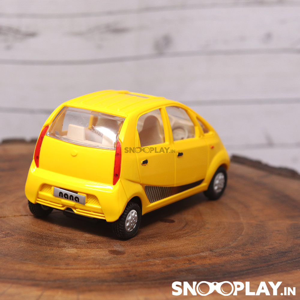 The back side of the nano miniature toy car with a pull back feature, made of sturdy plastic.