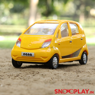 The miniature toy car of Nano with a pull back feature, yellow in colour.