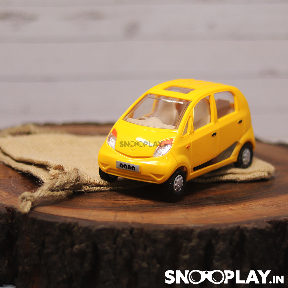 The nano miniature toy car with a pull back feature that comes with a complimentary jute pouch.