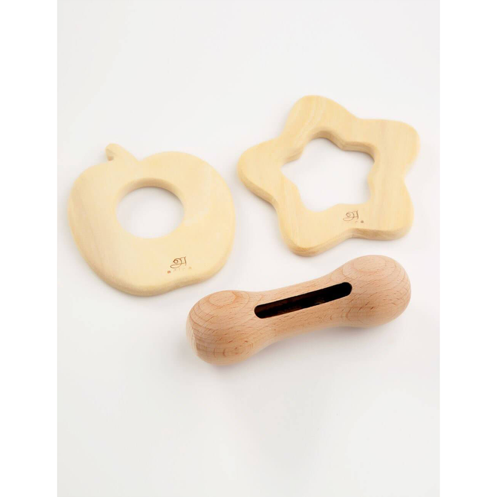 New Born Gift set- Apple & Star Shaped Wooden Teethers + Wooden Rattle