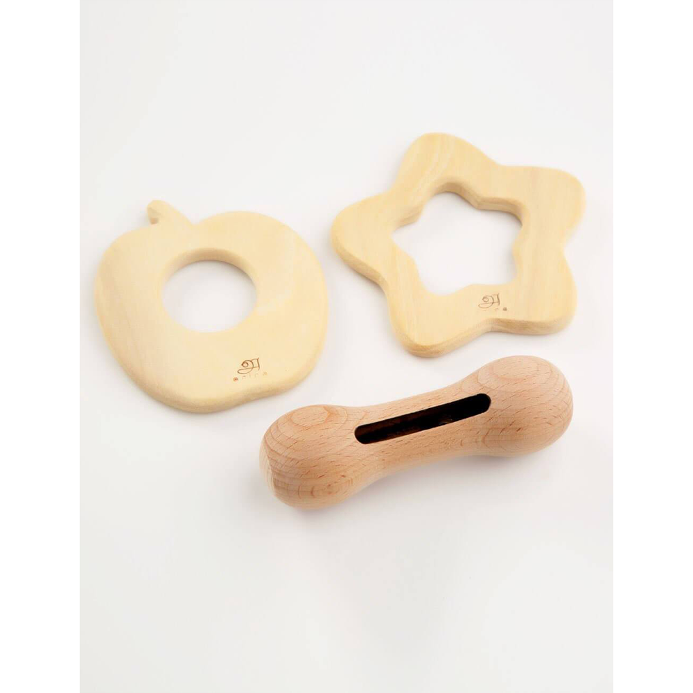 New Born Gift set- Apple & Star Shaped Wooden Teethers + Wooden Rattle