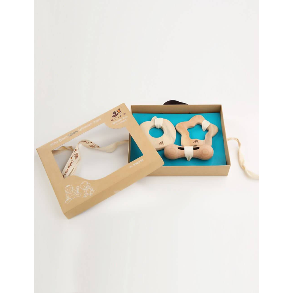 New Born Gift set- Apple & Star Shaped Wooden Teethers + Wooden Rattle