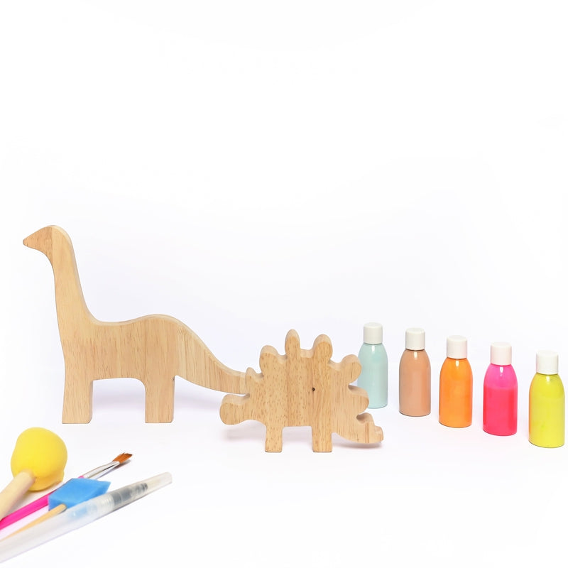 DIY Kit-Dino Set of 2- 2 Wooden Dinosaurs, 5 Color Bottles, 1 Paint Brush, 2 Sponge Brush with Different Size