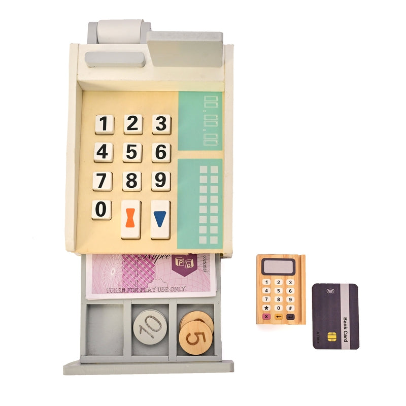 Funny Money - Cashier - Wooden Toy 1 Cashier, 8 Coins, 5 Currency Notes, 1 Credit Card, 1 Card Machine, 1 Display.