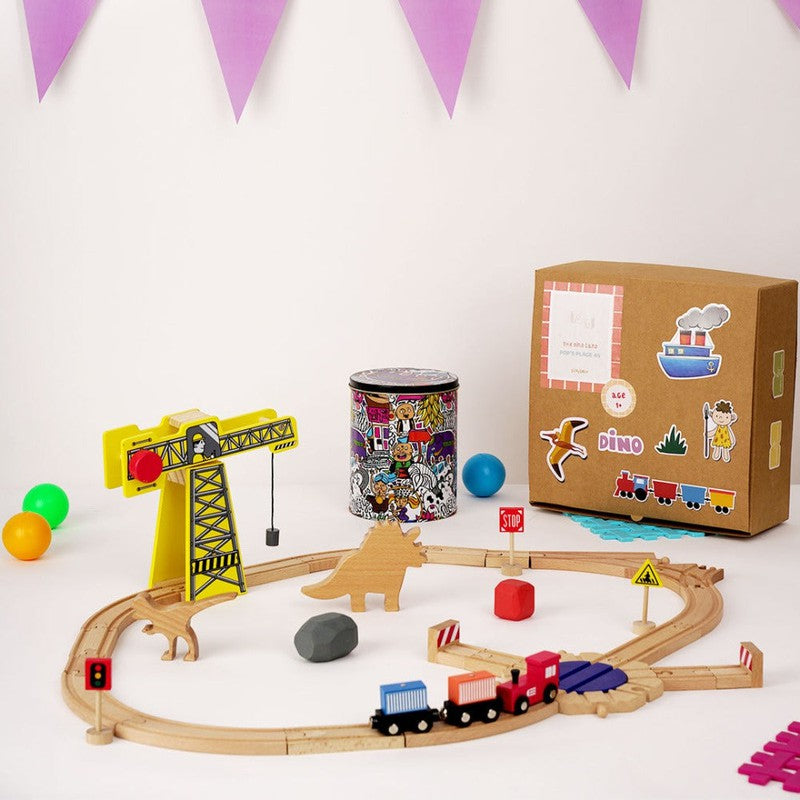 The Dino Land - Starter Pack Wooden Playset Include  20 Wooden Track, 3 Trains, 3 Signals, 1Crane , 2 Stones, 2 Dinosaurs, Wooden Animal Toy Dinosaur for Toddlers