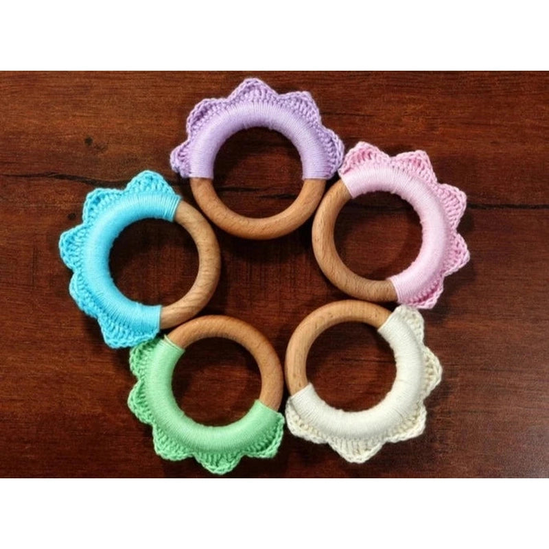 Handmade Ruffle Wooden Teether - Cyan