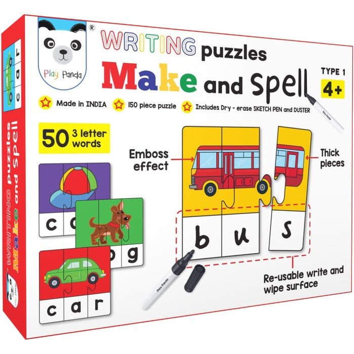 Make and Spell Type 1 - 150 Piece Spelling Puzzle - Learn to Spell 50 Three Letter Words - Educational Puzzles with Unique Write and Wipe Feature - Beautiful Colourful Pictures (Age 4+) Red