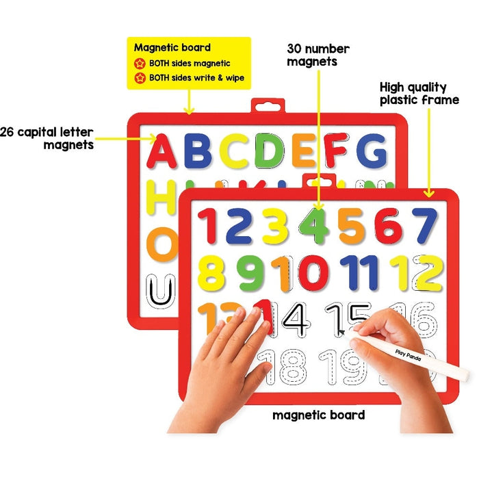 Magnetic Learn to Write Numbers and Capital Letters - Includes Write and Wipe Magnetic Board (Both sides Magnetic), 30 Number Magnets, 26 Capital Letter Magnets, Dry Erase Sketch Pen and Duster