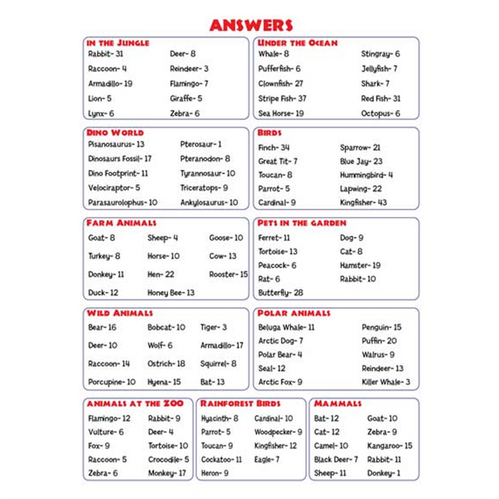 Look and Find - Animals (Answers)