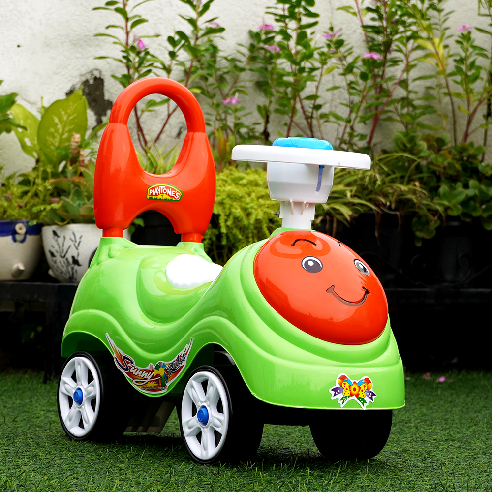 The brightly coloured push along toy bike, Sunny Rider, with a horn and fun to rotate steering wheel.