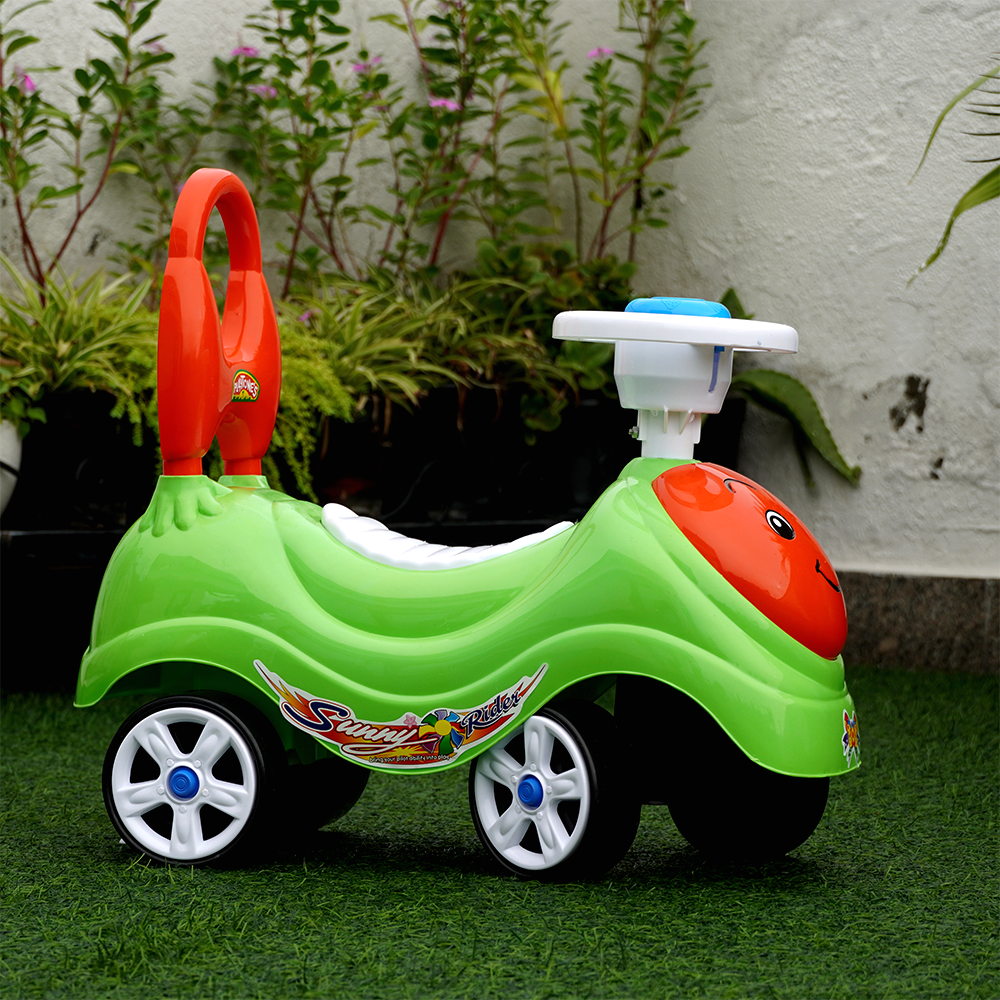 The green and red coloured Sunny rider push along toy bike, suitable for gifting to both boys and girls.