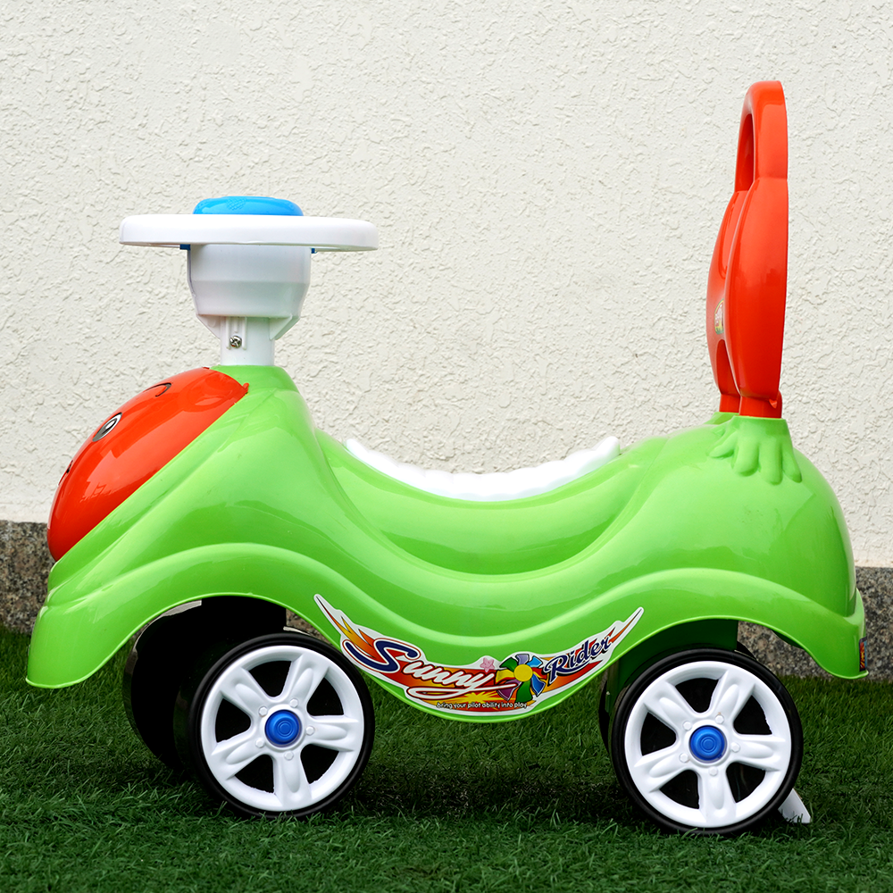The non battery operated Sunny Rider, with a car steering and a horn, to make rides fun for little ones.
