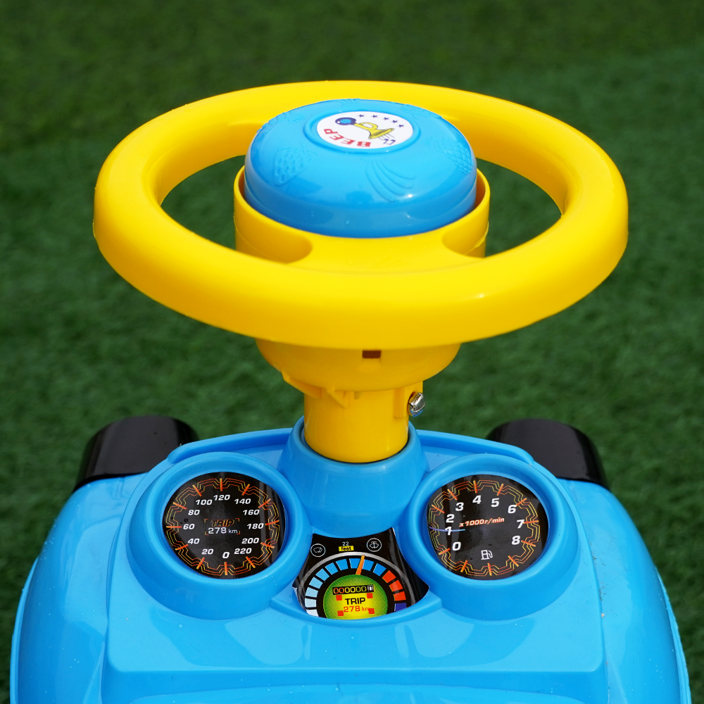 Higgland Jeep push along toy, with a steering wheel that has a speedometer along with toy lights in the front.