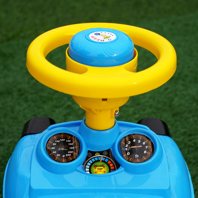 Higgland Jeep push along toy, with a steering wheel that has a speedometer along with toy lights in the front.