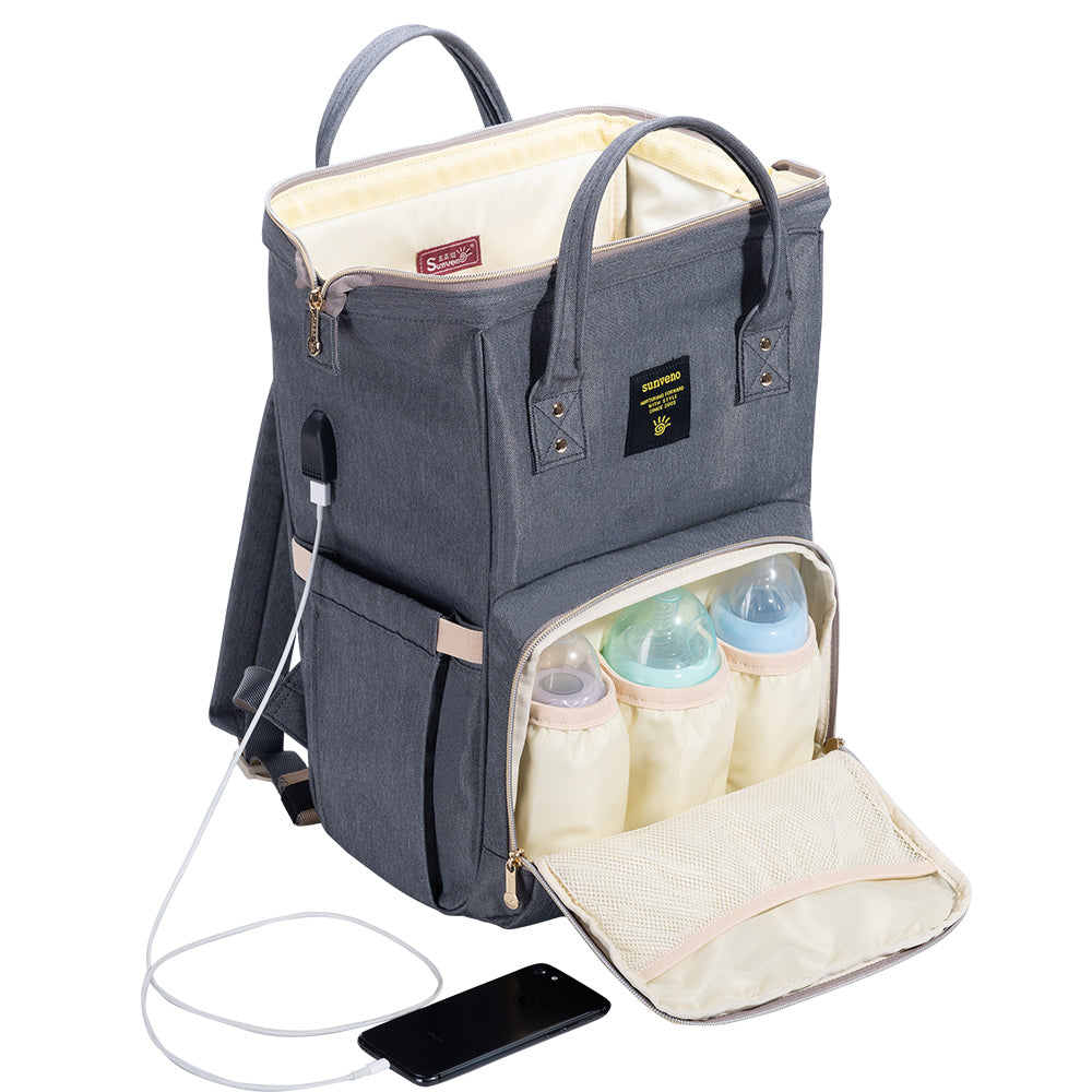 Diaper Bag with USB & Diaper Caddy - Grey