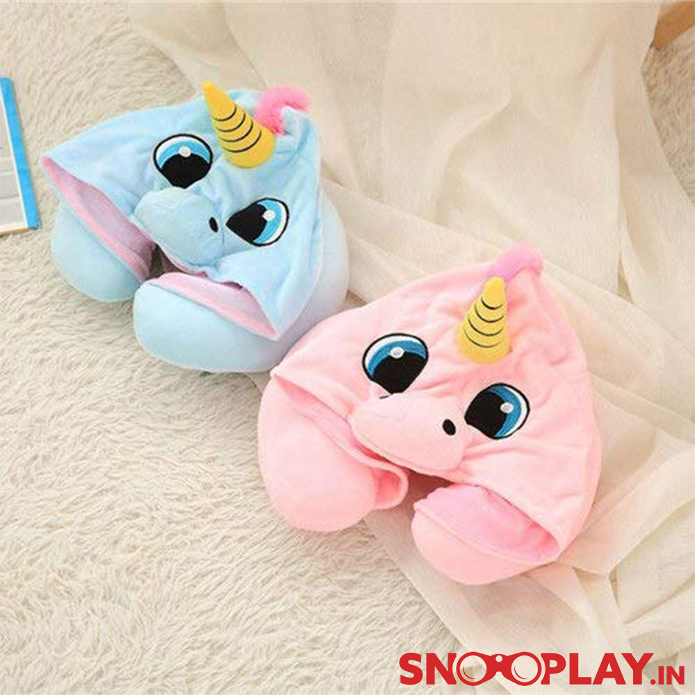 Cute Unicorn Hoodie Travel Neck Pillow | Blue & Pink