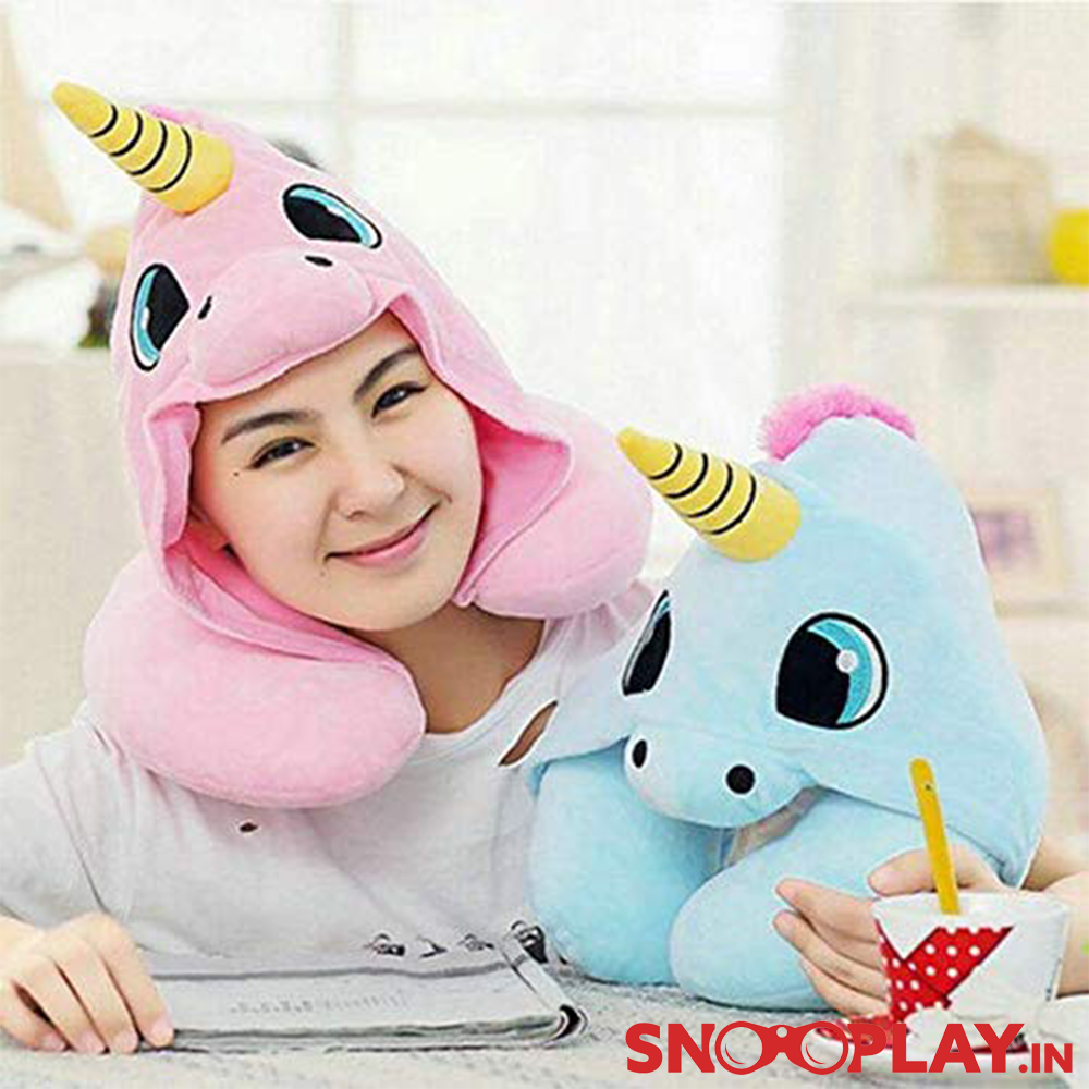 Cute Unicorn Hoodie Travel Neck Pillow | Blue & Pink