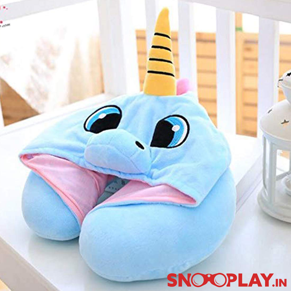 Cute Unicorn Hoodie Travel Neck Pillow | Blue & Pink