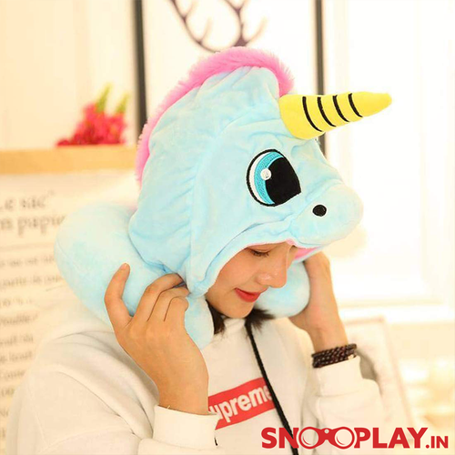 Cute Unicorn Hoodie Travel Neck Pillow | Blue & Pink