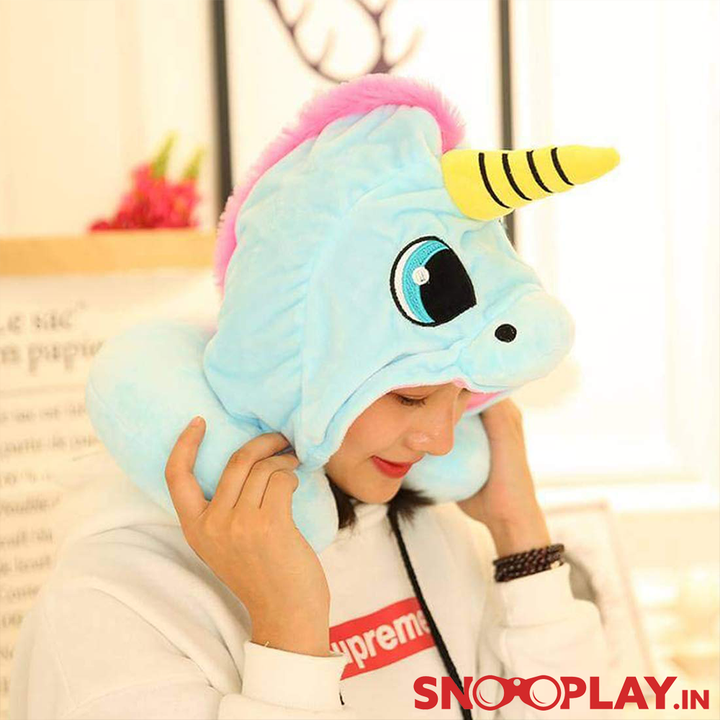 Cute Unicorn Hoodie Travel Neck Pillow | Blue & Pink