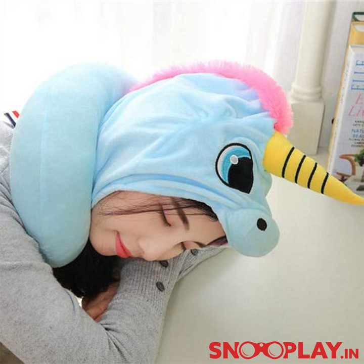 Cute Unicorn Hoodie Travel Neck Pillow | Blue & Pink