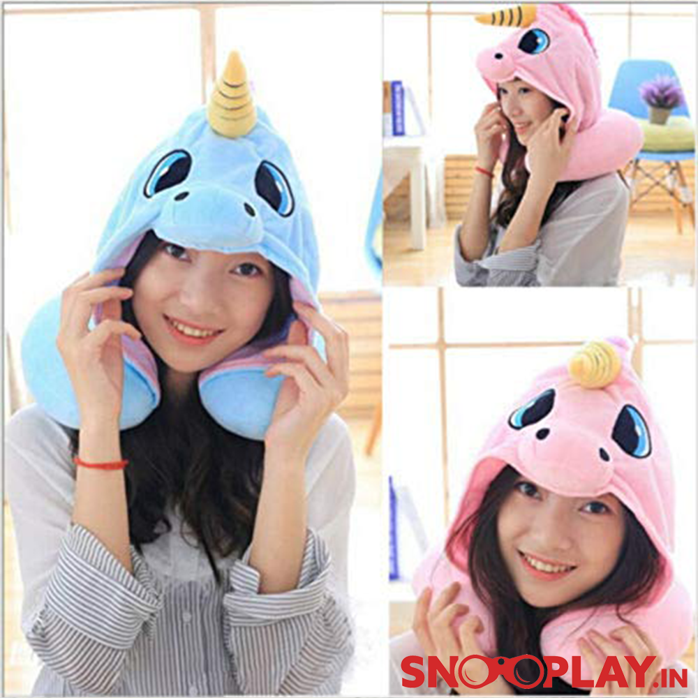 Cute Unicorn Hoodie Travel Neck Pillow | Blue & Pink