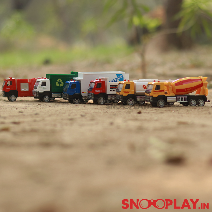 Volvo Truck Set (Set of 6 Carriage Truck, Fire Rescue Truck, Mixer Truck, Open Roof Heavy Load Truck and Shell Gas Tanker Truck)