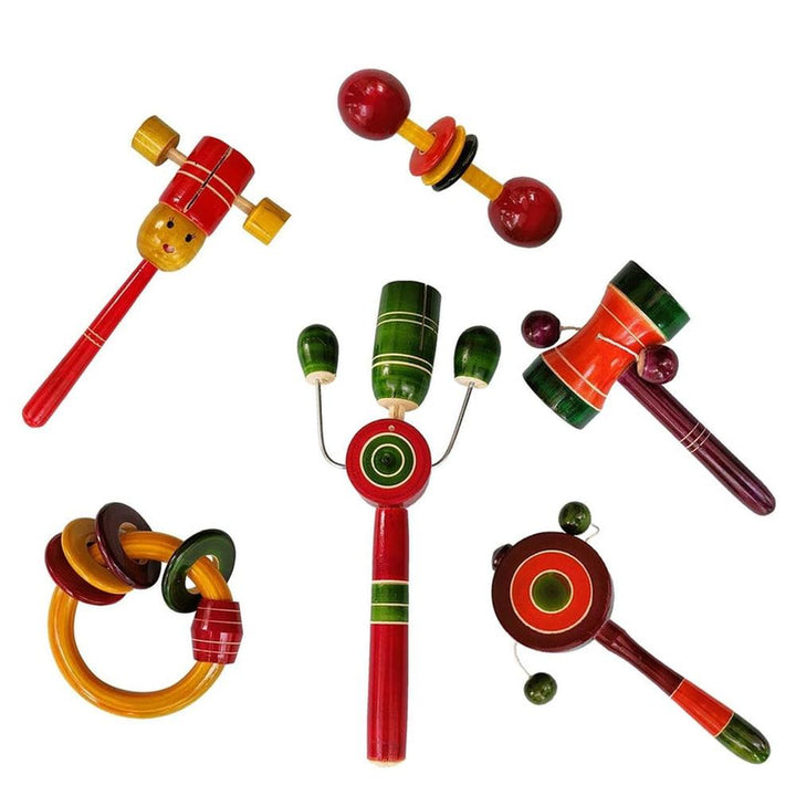 Channapatna Toys Set of 6 Wooden Rattles for Baby (3-12 Months) | Assorted Colours