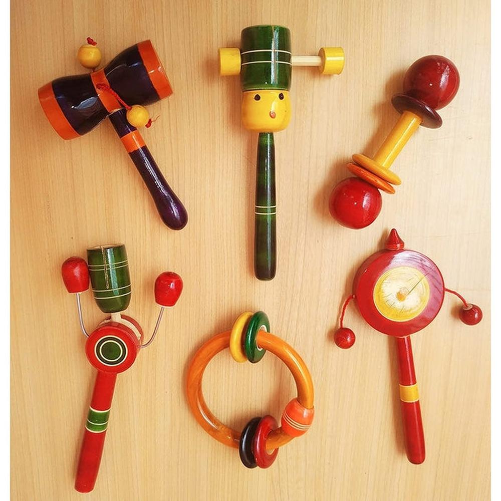 Channapatna Toys Set of 6 Wooden Rattles for Baby (3-12 Months) | Assorted Colours