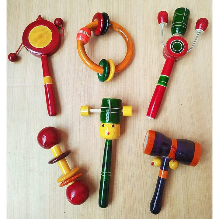 Channapatna Toys Set of 6 Wooden Rattles for Baby (3-12 Months) | Assorted Colours