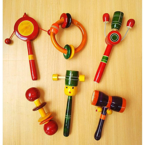 Channapatna Toys Set of 6 Wooden Rattles for Baby (3-12 Months) | Assorted Colours