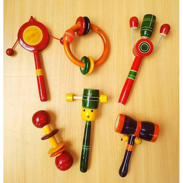 Channapatna Toys Set of 6 Wooden Rattles for Baby (3-12 Months) | Assorted Colours