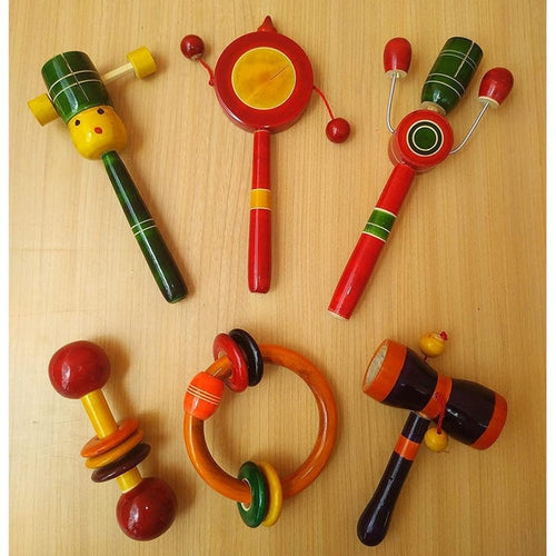 Channapatna Toys Set of 6 Wooden Rattles for Baby (3-12 Months) | Assorted Colours