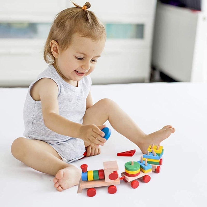 Wooden Geometric Shape Sorter & Stacking Train Toddler Toys