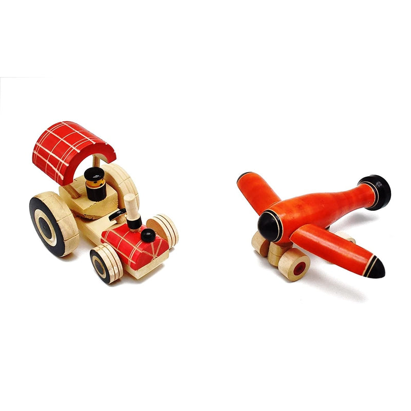 Pull Along Toy Wooden- Tractor & Aero plane Combo