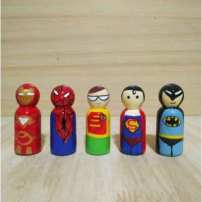 Wooden Peg Dolls Painted Superheroes - Pack of 5 pcs