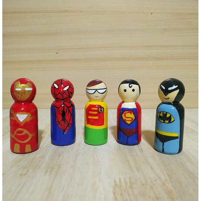 Wooden Peg Dolls Painted Superheroes - Pack of 5 pcs