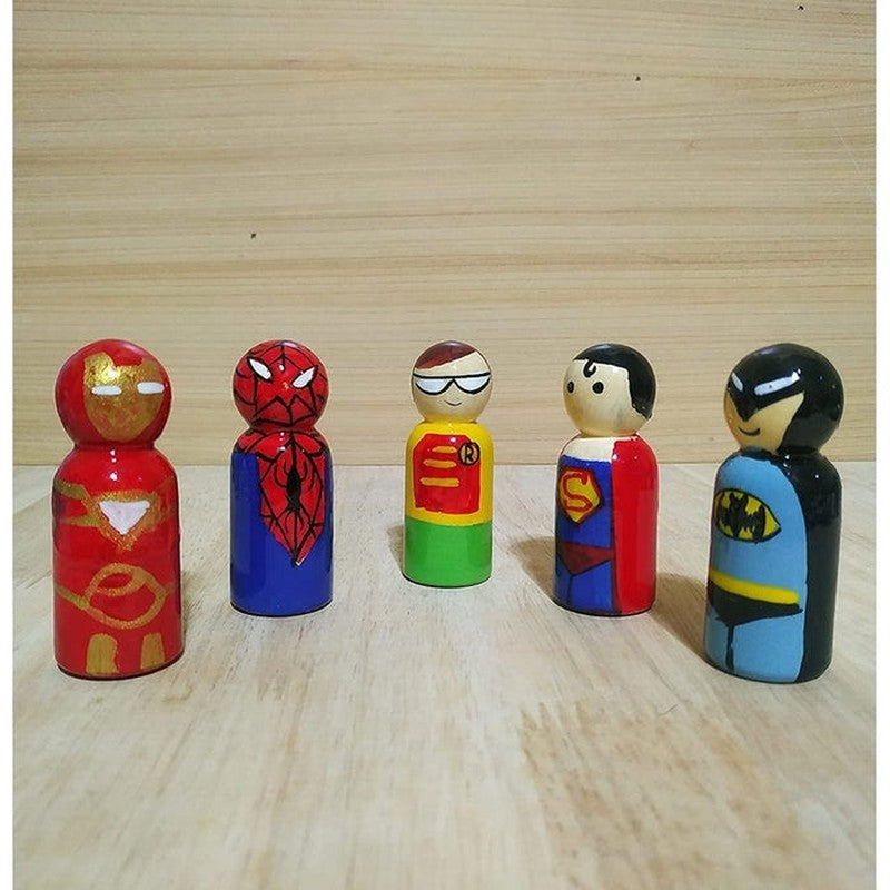 Wooden Peg Dolls Painted Superheroes - Pack of 5 pcs